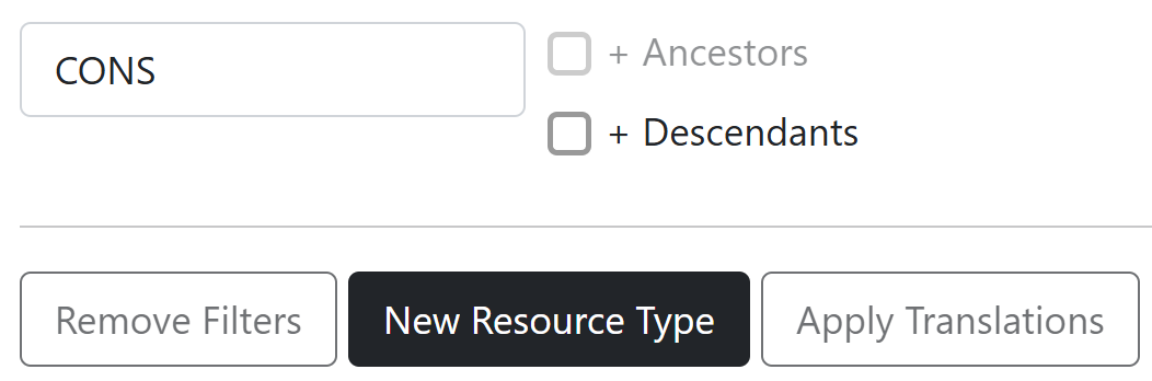 Button for creating a new resource type located between Remove Filters and Apply Transitions buttons.