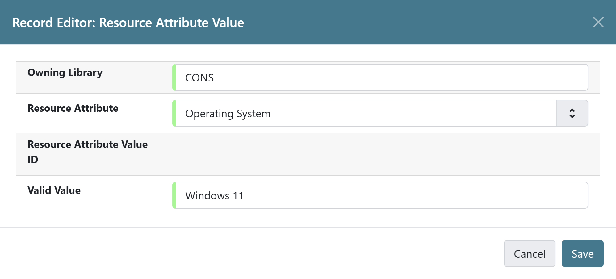 Form for assigning a value to a resource attribute with fields for owning library
