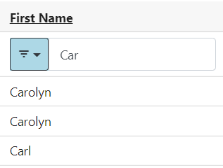 Results of Starts With filter