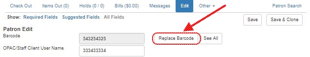 A screenshot of the top of the patron record screen. The Replace Barcode button next to the barcode field is highlighted.