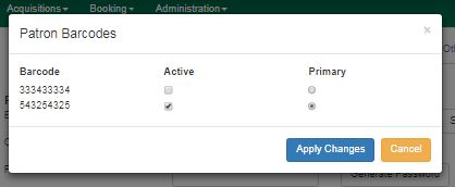A screenshot of the Patron Barcodes modal. Two barcodes are shown. Under the Active heading