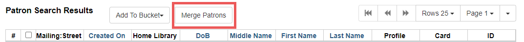 Screenshot of patron search results. In-line with the grid view actions button is a button labeled Merge Patrons.