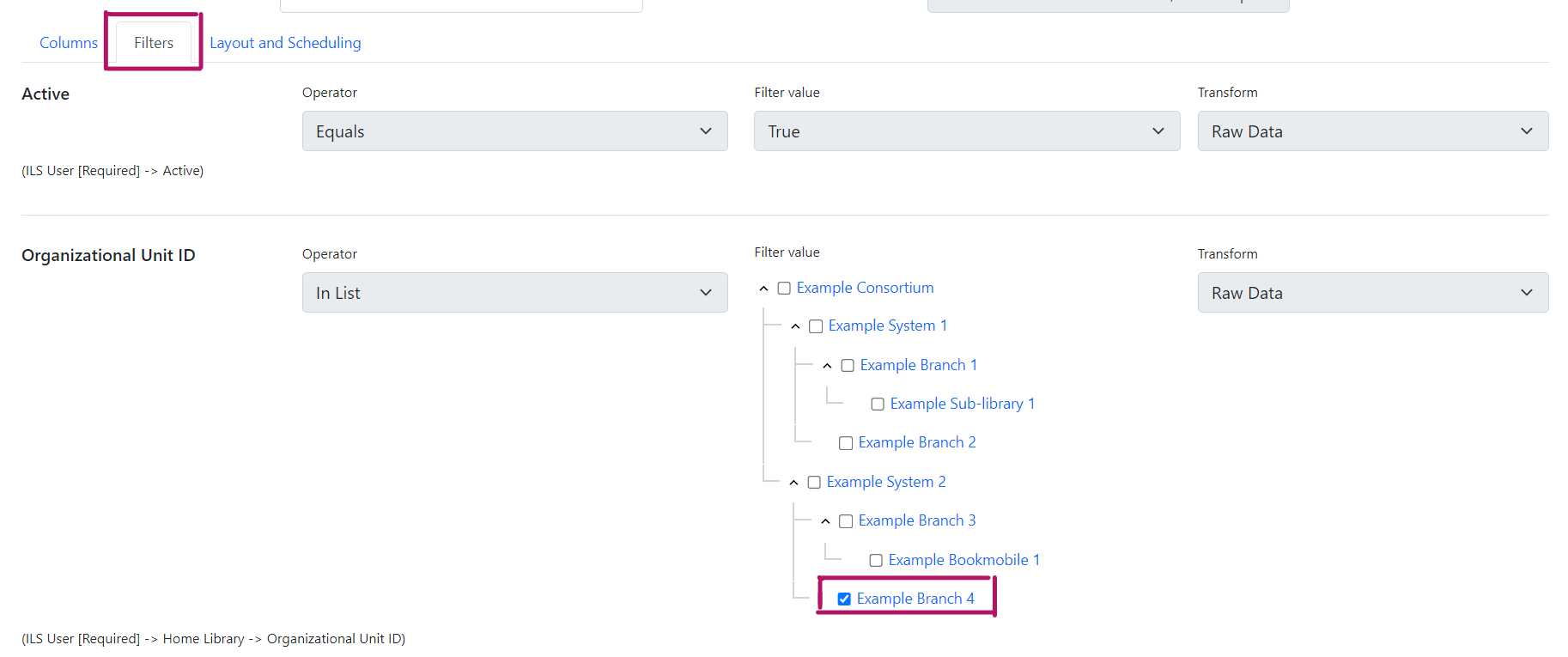Screenshot of the Filters tab. One of the filters, Org Unit ID shows an org unit tree under the filter value column. One of the branches is checked.