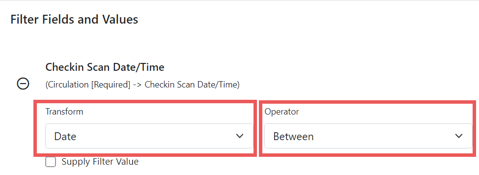 Screenshot of a selected filter, Checkin Scan Date/Time. Highlighted below the field name are the Transform and Operator drop-down menus. The selected transform is Date, and the selected operator is Between.