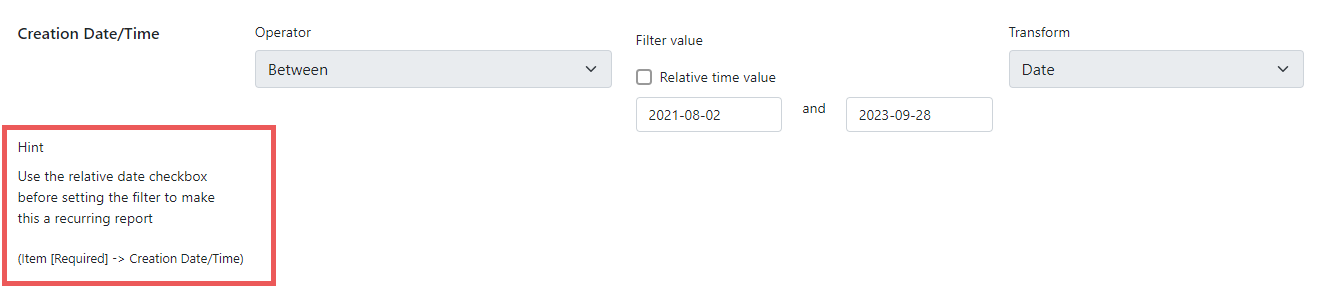 Screenshot of the same filter but from the report view instead of the template view. The hint is now displayed in the lower right of the filter area.