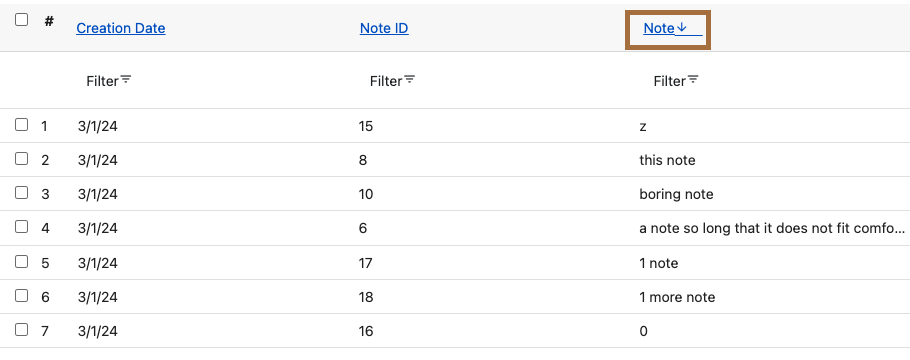 Screenshot of a grid showing notes sorted as described above. The Note column has a down arrow beside it and is highlighted.